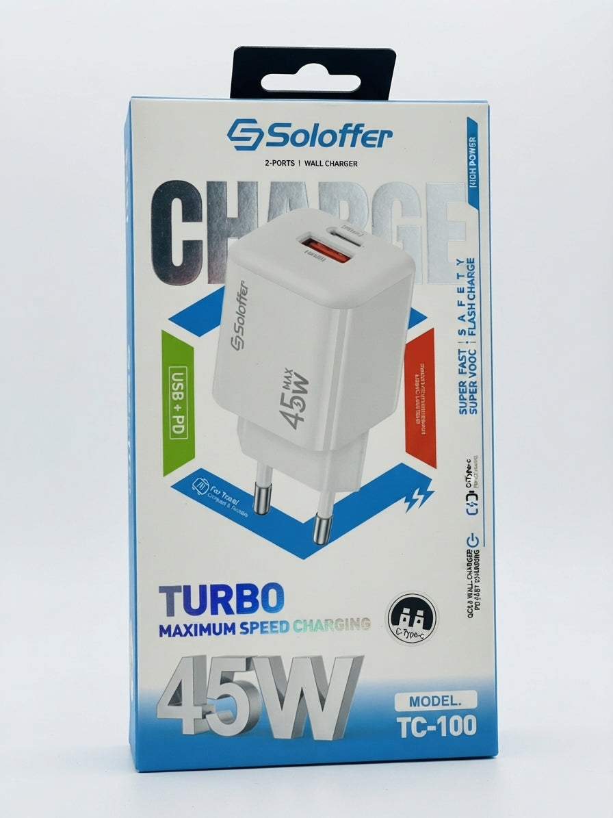 Soloffer TC-100 45W GaN Fast Charger – Dual Port USB-C & USB-A with Cable
