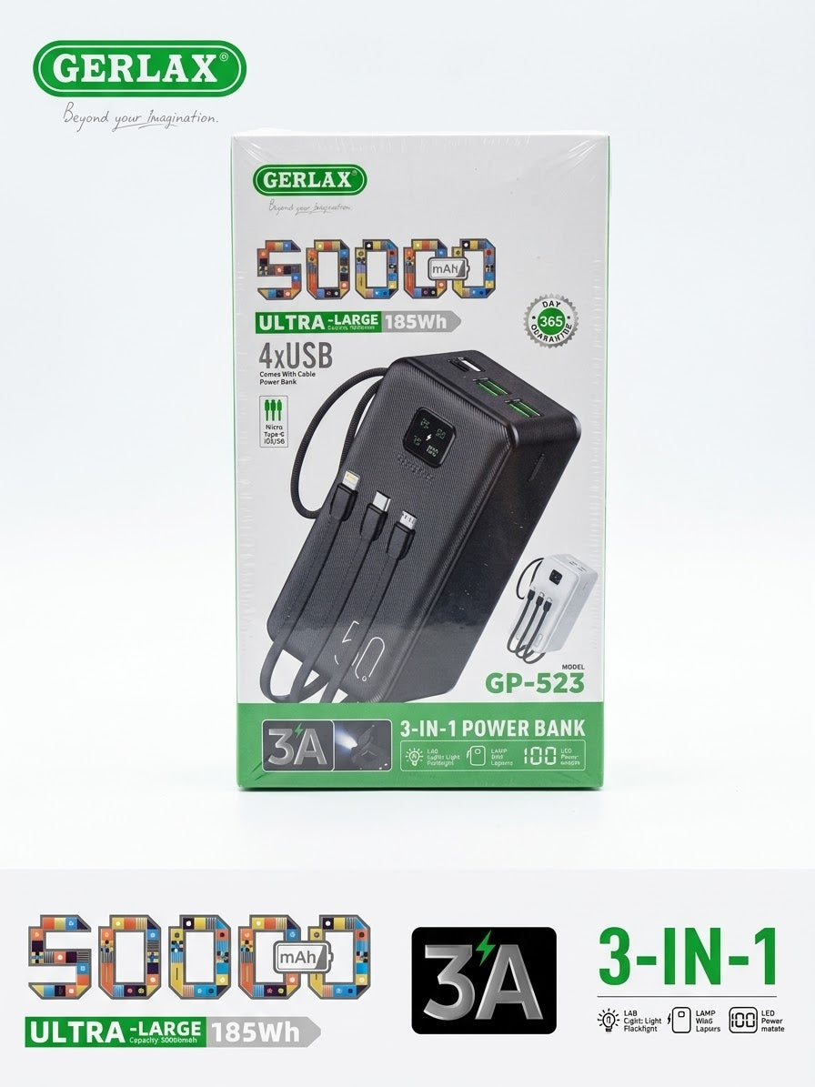 Gerlax GP-523 50000mAh Power Bank with 3 Built-in Cables – 4 USB, LED Display & Flashlight