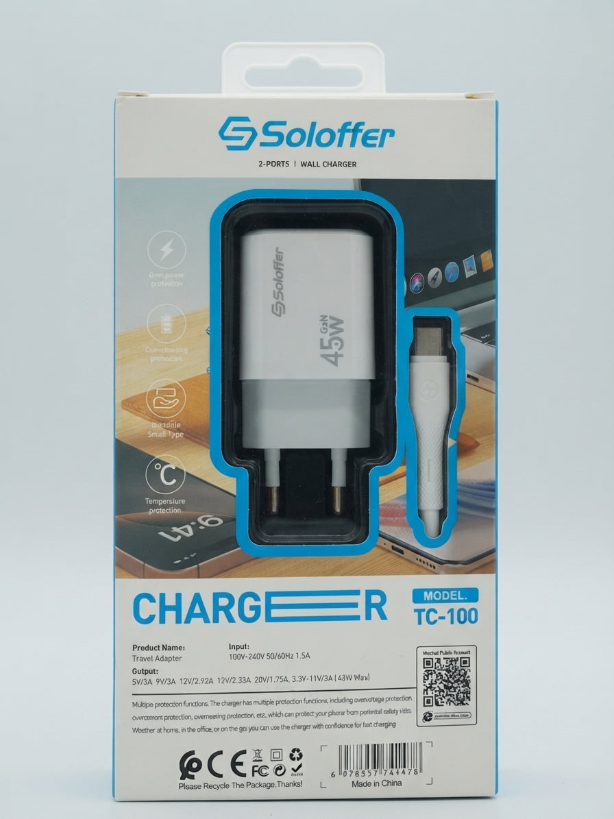 Soloffer TC-100 45W GaN Fast Charger – Dual Port USB-C & USB-A with Cable