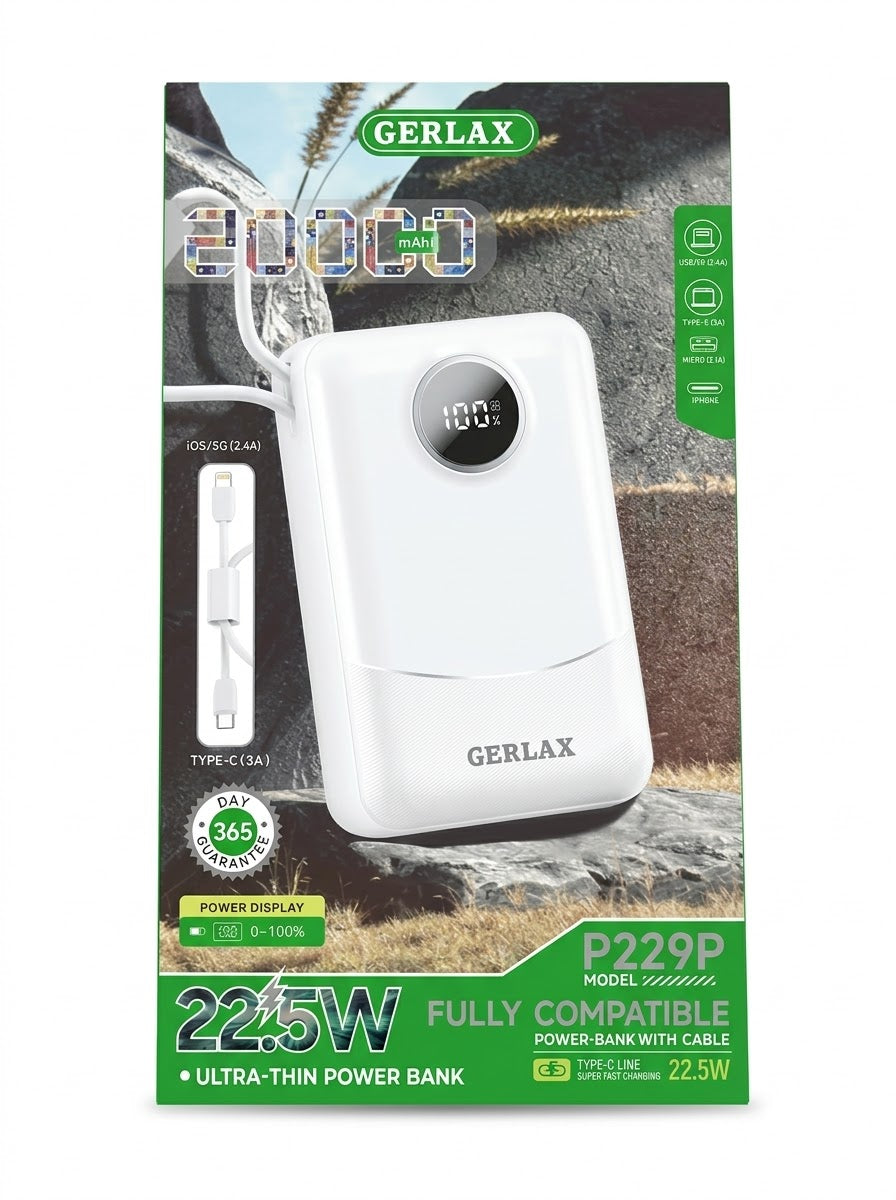 Gerlax P229P 20000mAh 22.5W Power Bank, Built-In Cables