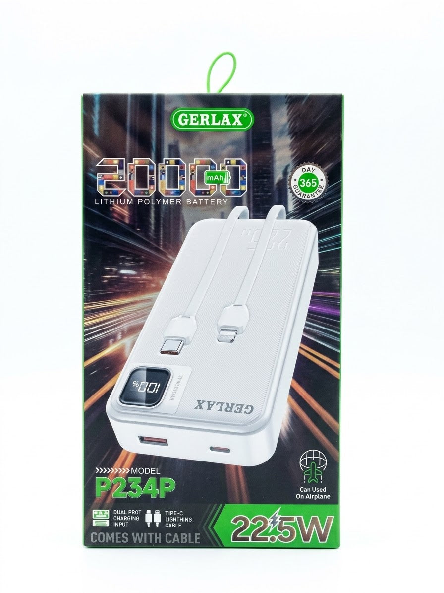 Gerlax P234P 20000mAh Power Bank with Built-in USB-C & Lightning Cables – 22.5W
