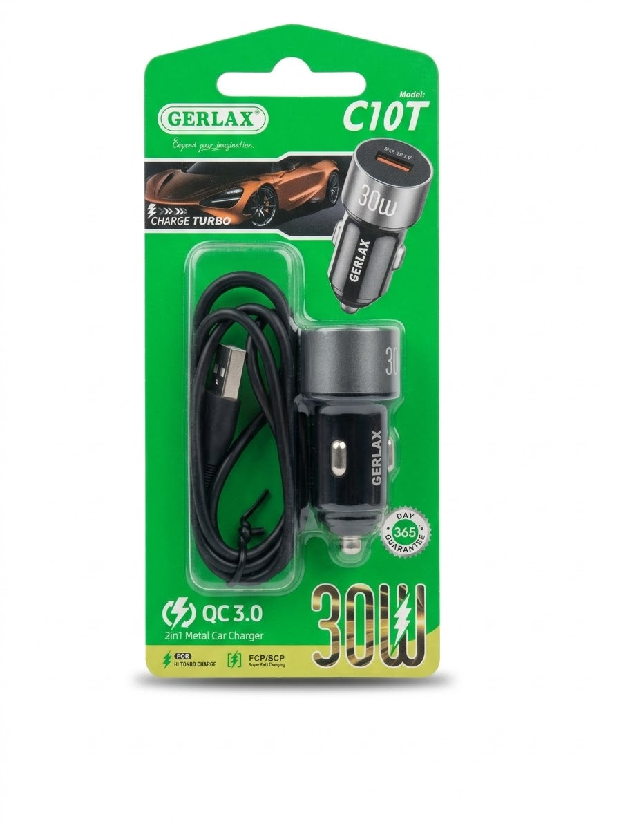 GERLAX C10T 30W Type-C Car Charger with Charging Cable