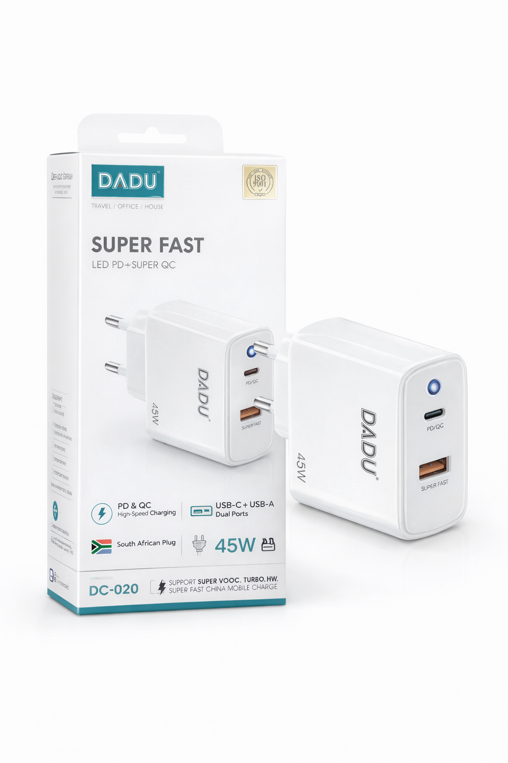 DADU 45W USB-C + USB-A Super Fast Charger (PD & QC) – Dual Port Wall Adapter SA Plug