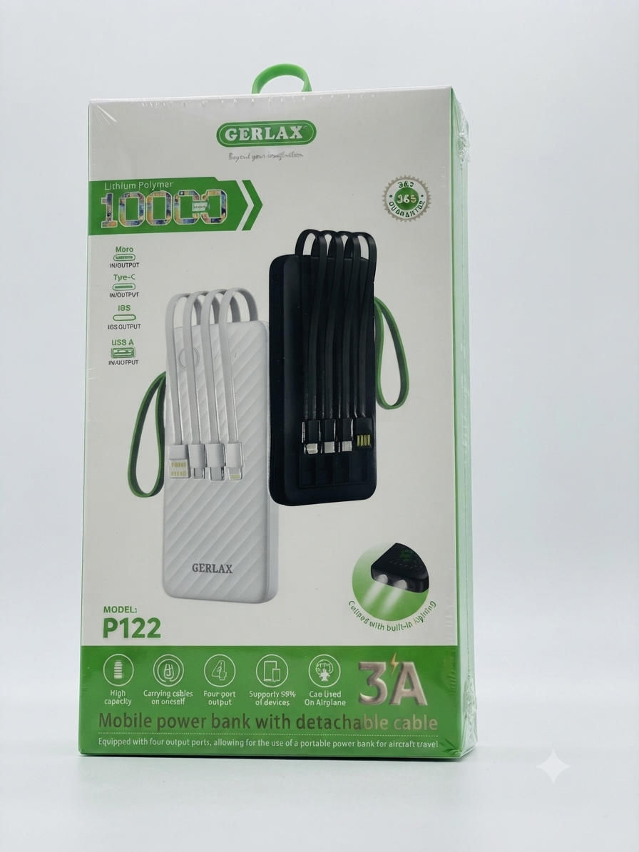 GERLAX P122 10,000mAh Power Bank with Built-In 4-in-1 Cables