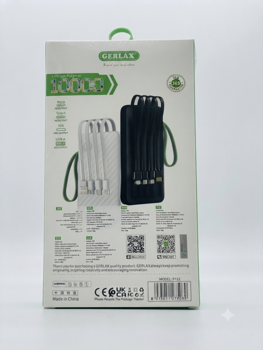 GERLAX P122 10,000mAh Power Bank with Built-In 4-in-1 Cables