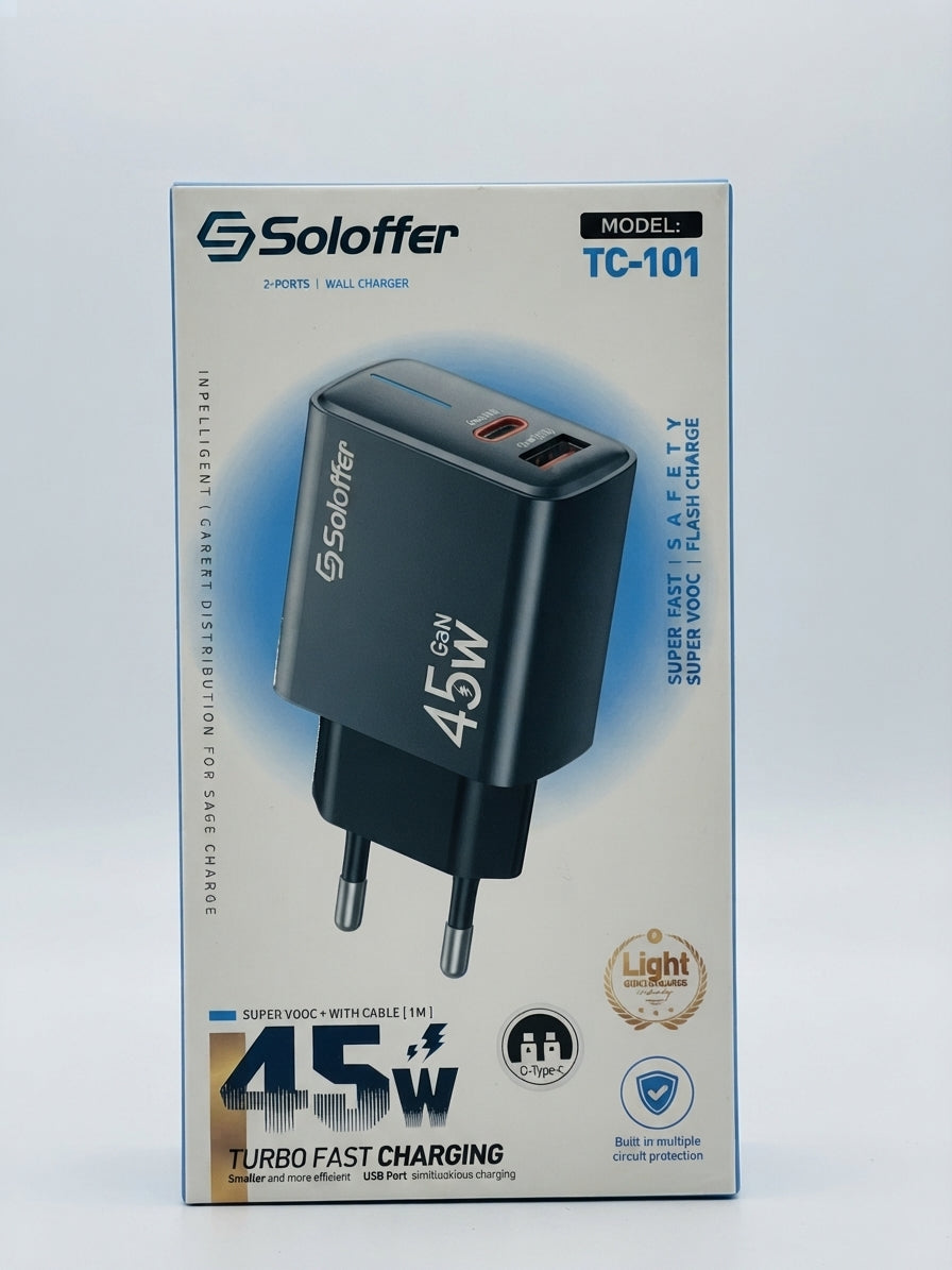 Soloffer TC-101 45W GaN Fast Charger – Dual USB-C & USB-A with Cable