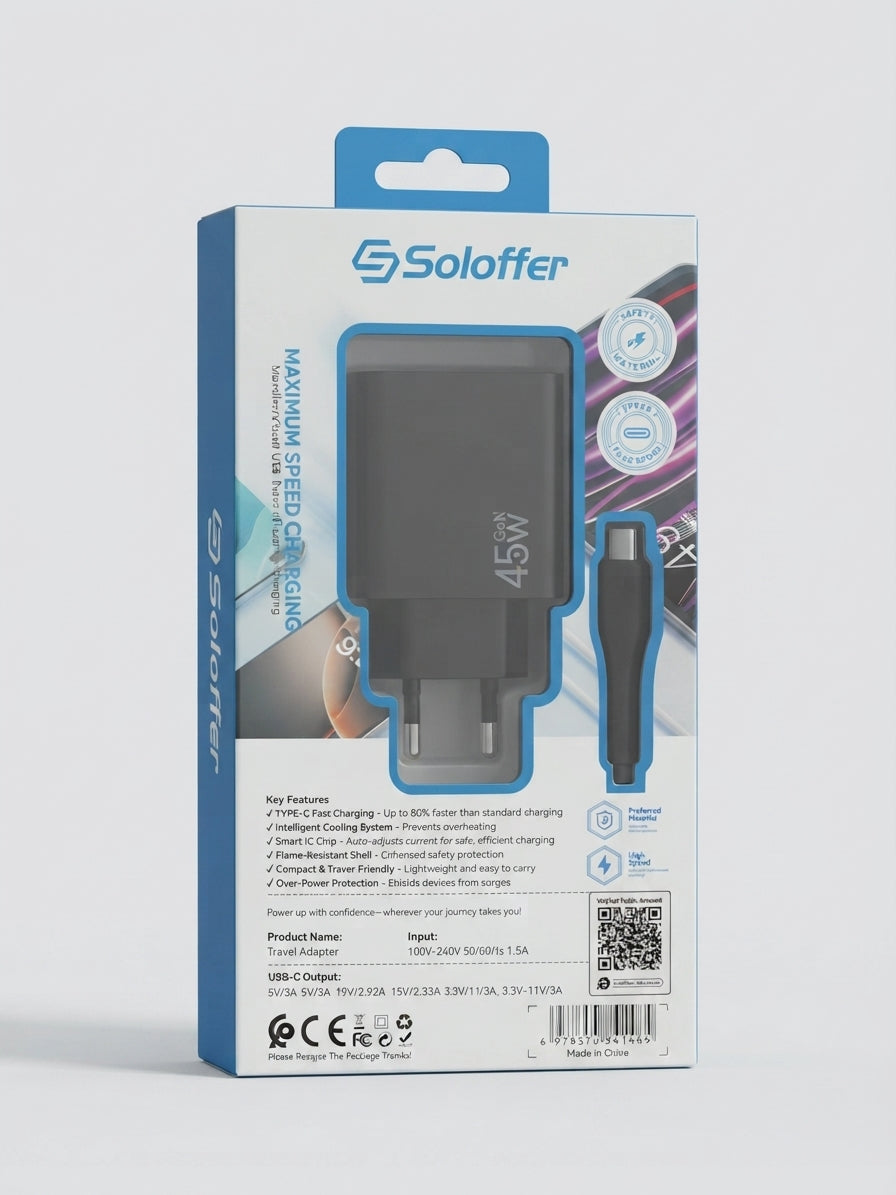 Soloffer TC-101 45W GaN Fast Charger – Dual USB-C & USB-A with Cable