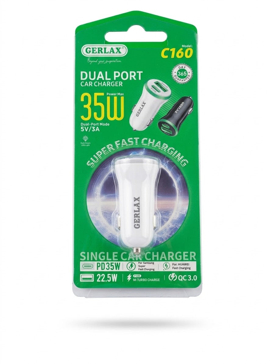 GERLAX C160 35W Dual-Port Car Charger USB-C PD & USB-A QC3.0