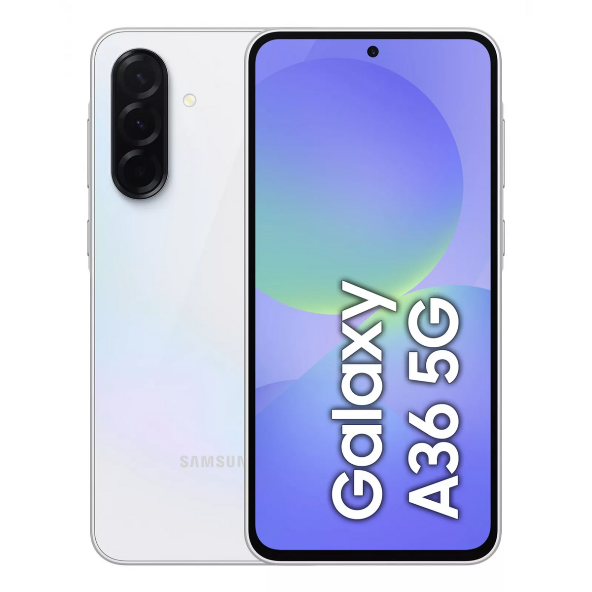 Samsung Galaxy A36 5G in Awesome Lavender, front and back